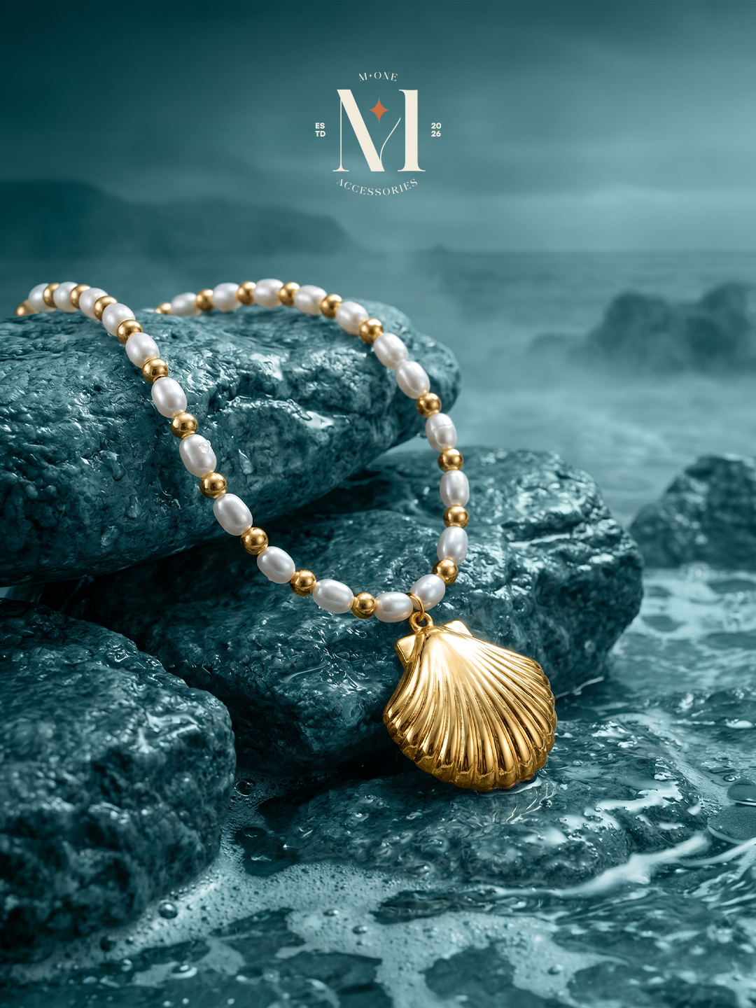 Golden seashell pendant by the sea