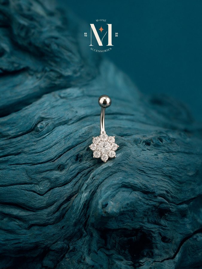 Silver Crystal Flower Belly Bar
