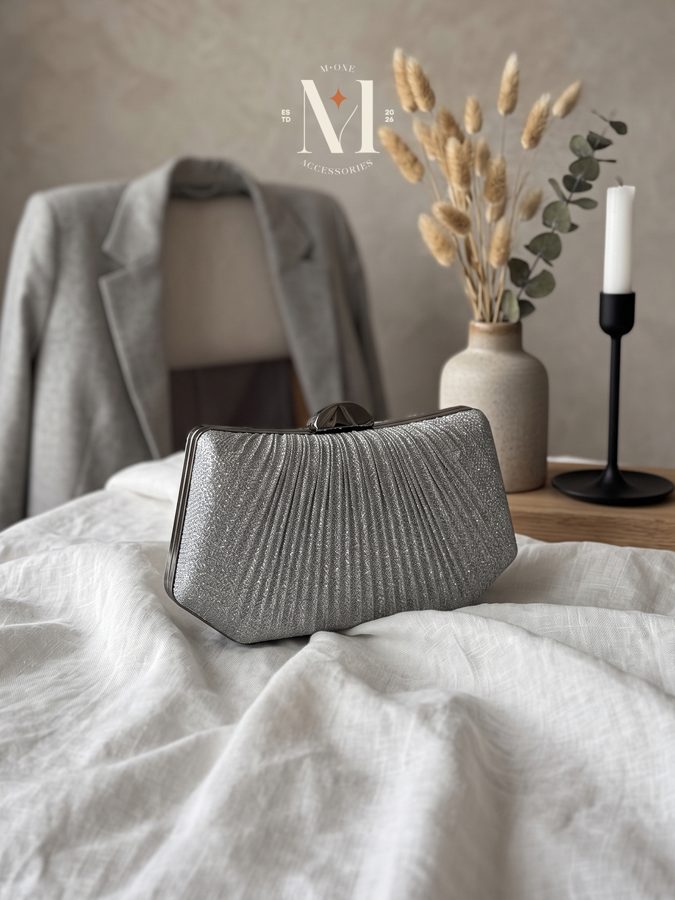 Silver Pleated Satin Clutch
