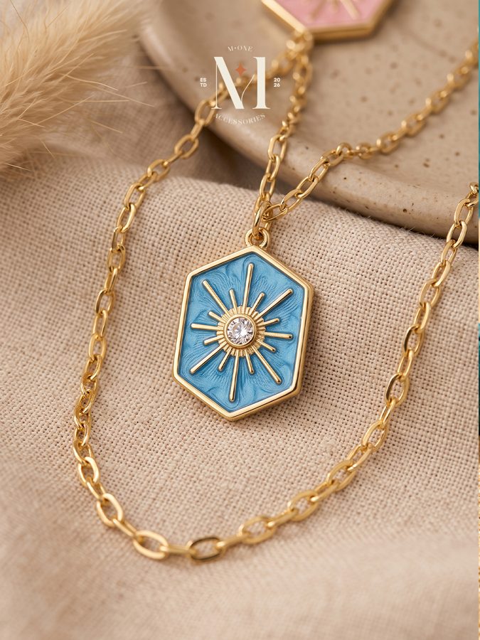 Blue Sunburst Hexagon Pendant